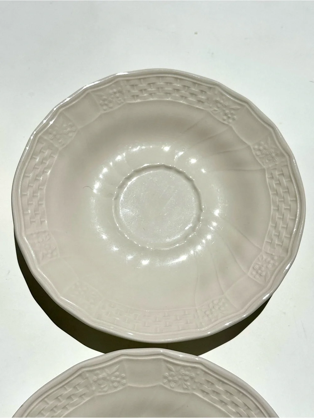 4 Mikasa Renaissance White Embossed Porcelain Saucers 6.5” - Classic Home Dining
